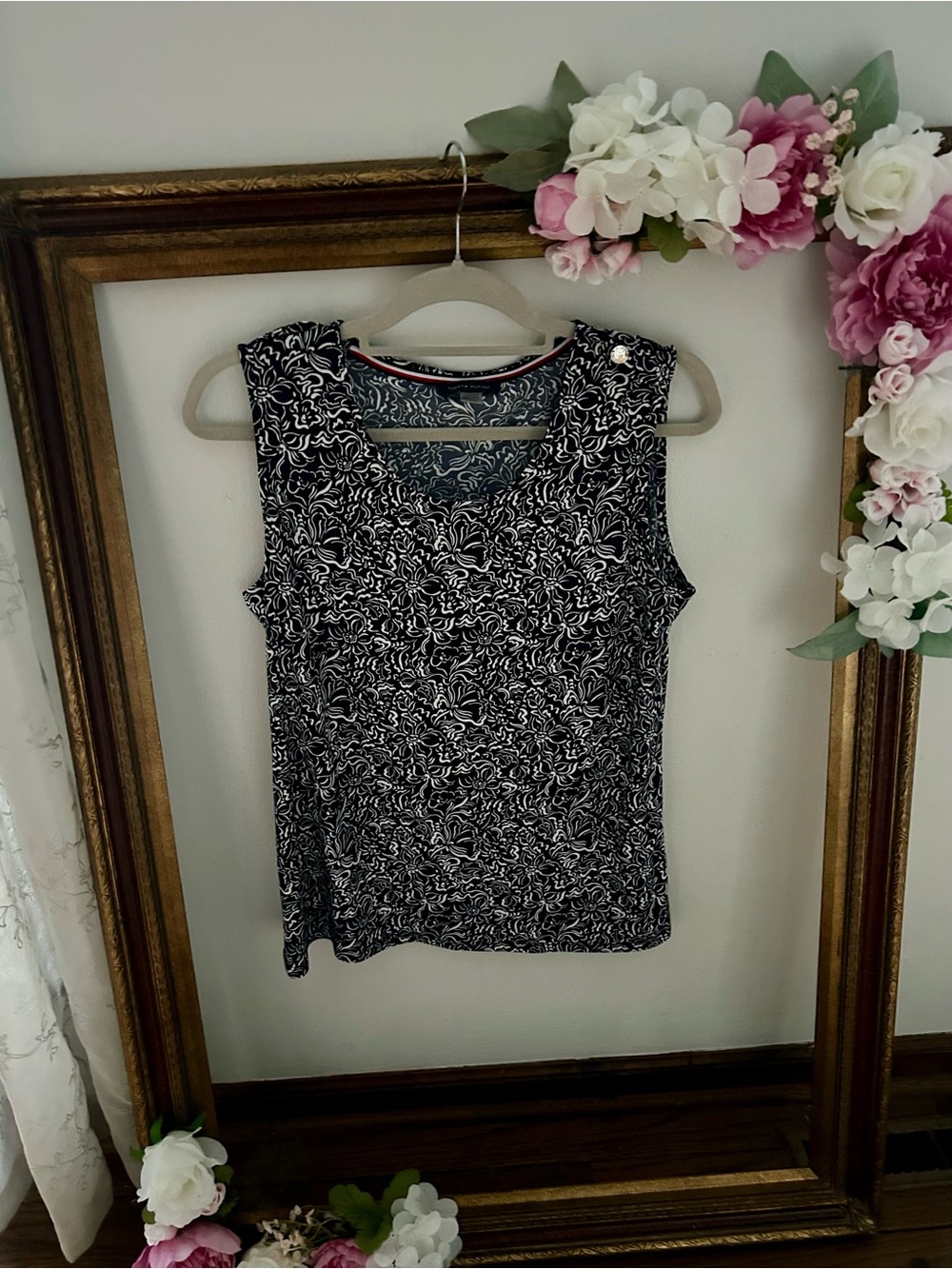 Tommy Hilfiger Navy and White Floral Tank Top